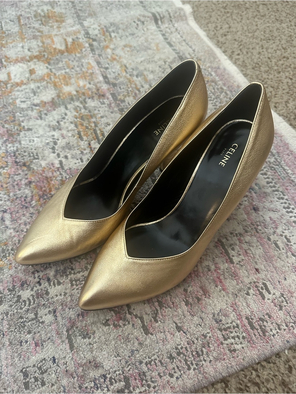 Celine Metallic Gold Pointed-Toe Leather Pumps